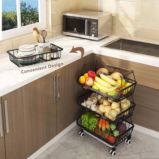 Carrello per cavi con ruote, contenitore per frutta con 4 sostegni, con ruote bloccanti e 5 ganci S per cucina, sala da pranzo, bagno, garage