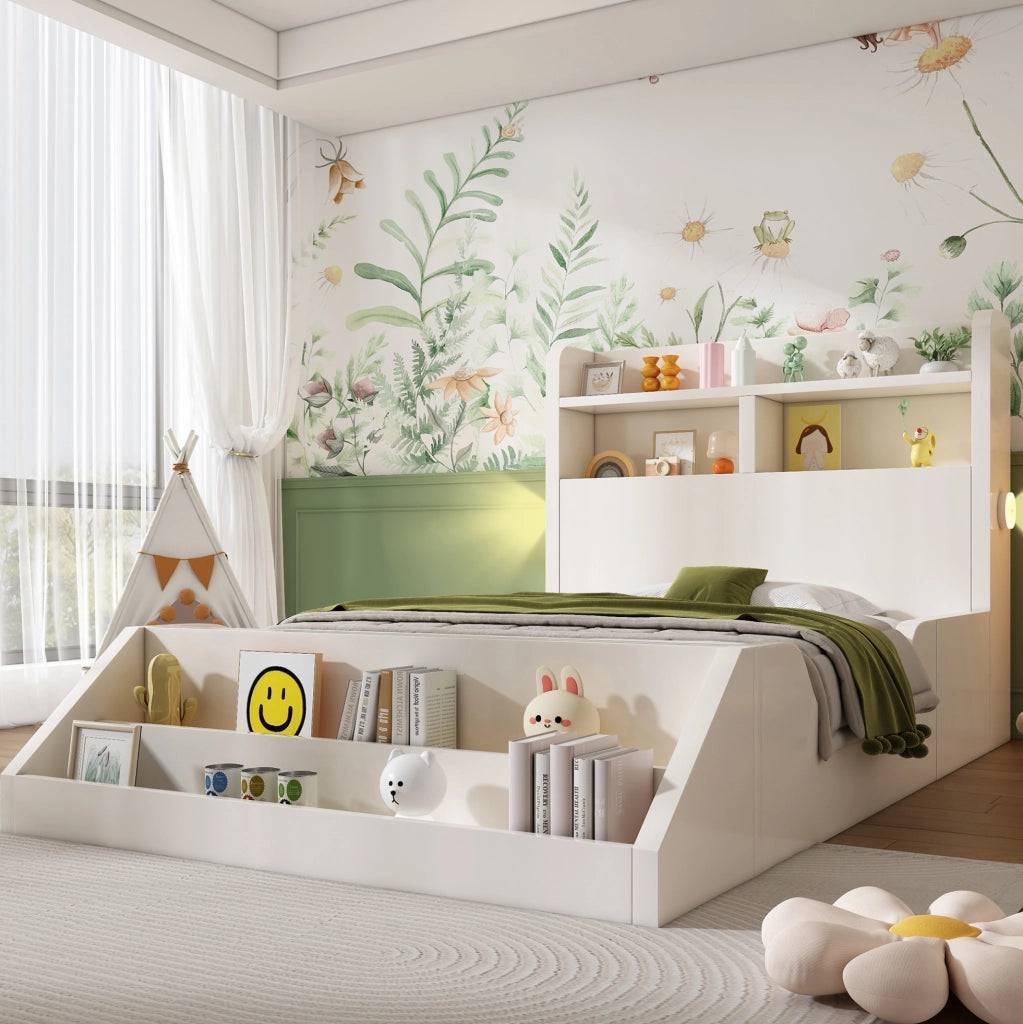 Letto singolo 90x200 cm in legno bianco con luci notturne e libreria