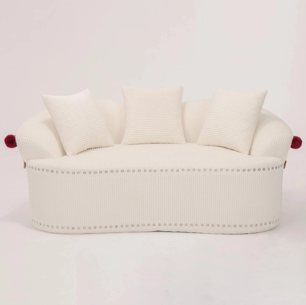 Divano 2 posti ULEVR 43x45x104 cm in velluto a coste bianco, design curvo con 3 cuscini