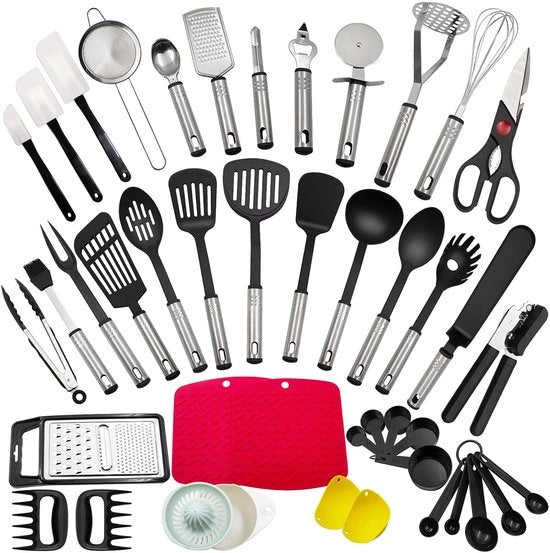 Set accessori cucina, 43 pezzi di accessori e utensili da cucina in acciaio inossidabile e nylon, attrezzatura da cucina termoresistente per uso domestico: cucchiaio, pinza, grattugia, spatola, cucchiaio per pasta, cucchiaio per frullare e spatola.