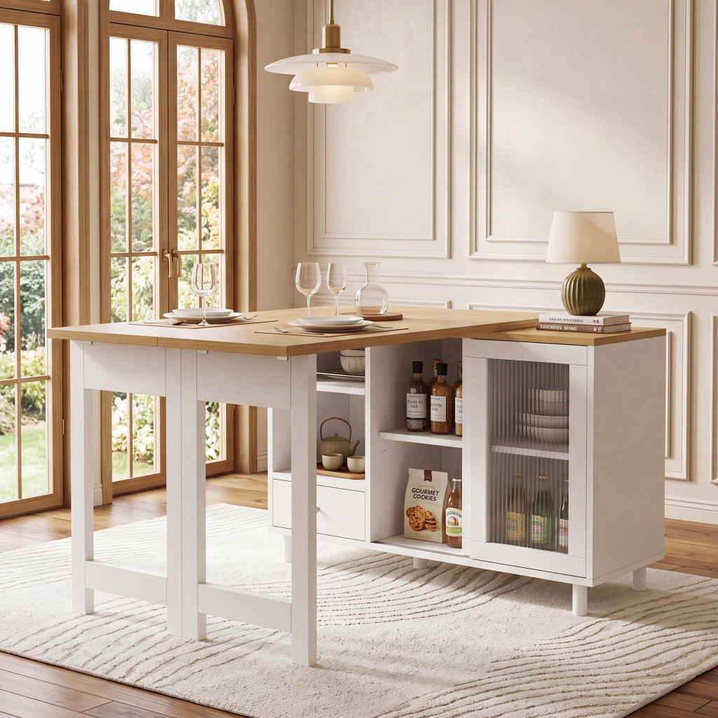 Tavolo da pranzo pieghevole allungabile 120x40x75;5 cm con contenitore; piano girevole 360°; MDF/metallo/vetro; bianco