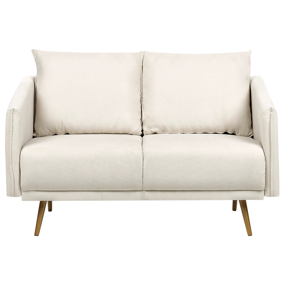Divano Tessuto Beige 2 Posti Schienale Imbottito Gambe In Metallo Dorato Retrò Glam