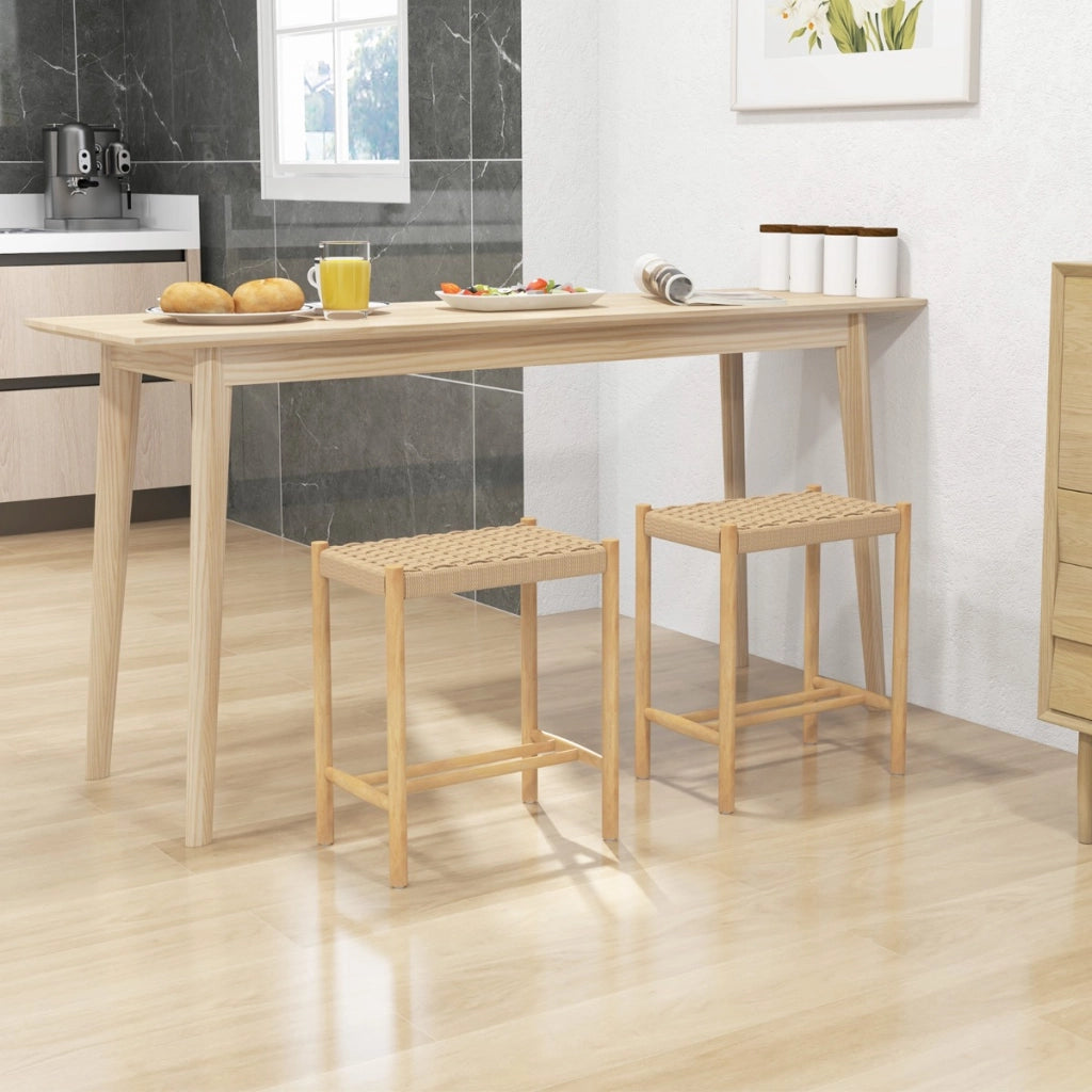 2 Sgabelli in legno di gomma con seduta intrecciata in carta, Sgabelli senza schienale Naturale 56x36x45cm-Sgabelli