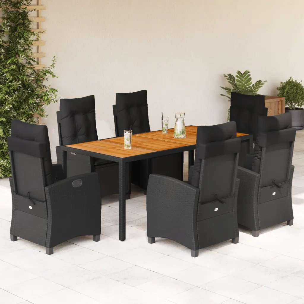Set da Pranzo da Giardino 7 pz Nero con Cuscini in Polyrattan 3212668
