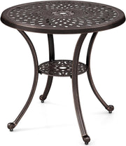 Tavolo da giardino rotondo da balcone φ79 cm, con foro per ombrellone φ5 cm e ripiano inferiore, in alluminio pressofuso, resistente alle intemperie, tavolino da pranzo, tavolino da caffè per