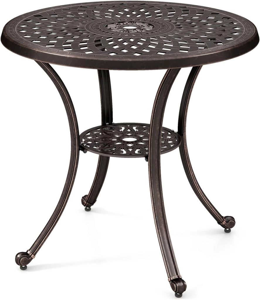 Tavolo da giardino rotondo da balcone φ79 cm, con foro per ombrellone φ5 cm e ripiano inferiore, in alluminio pressofuso, resistente alle intemperie, tavolino da pranzo, tavolino da caffè per