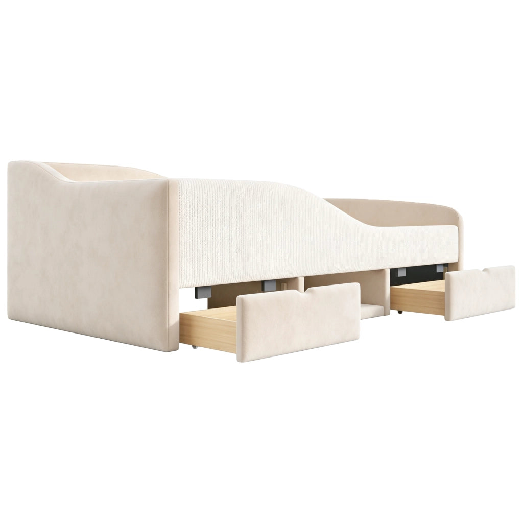 Letto imbottito per bambini 90 x 190 cm con cassetti e sponde; velluto beige