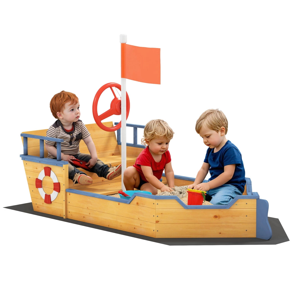 Sabbiera per Bambini in Legno a Forma di Nave dei Pirati con Vano Contenitore, 158x78x45.5 cm