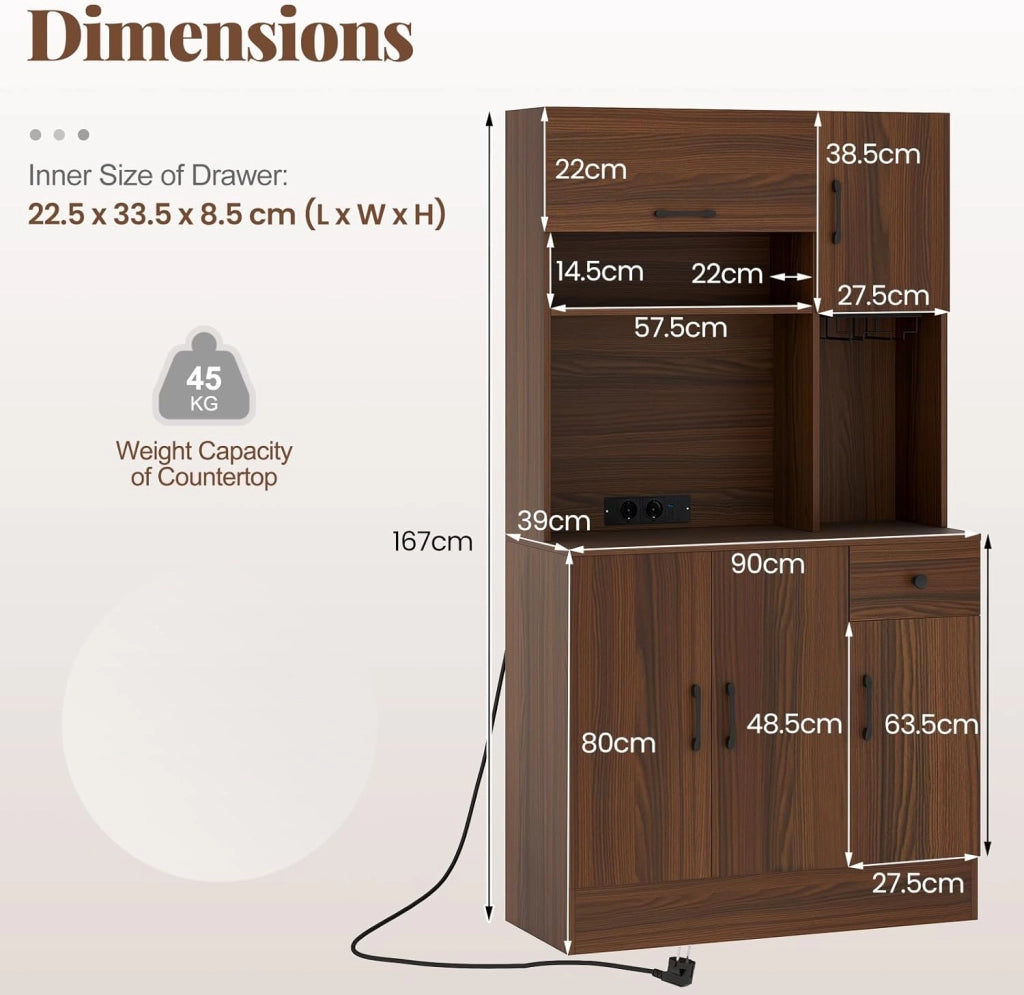 Armadio da Cucina da 167 cm, Mobile da Buffet con Stazione di Ricarica, Cassetto e Ripiani Regolabili, Armadio Buffet Autonomo per Sala da Pranzo, Noce/Nero (Noce)