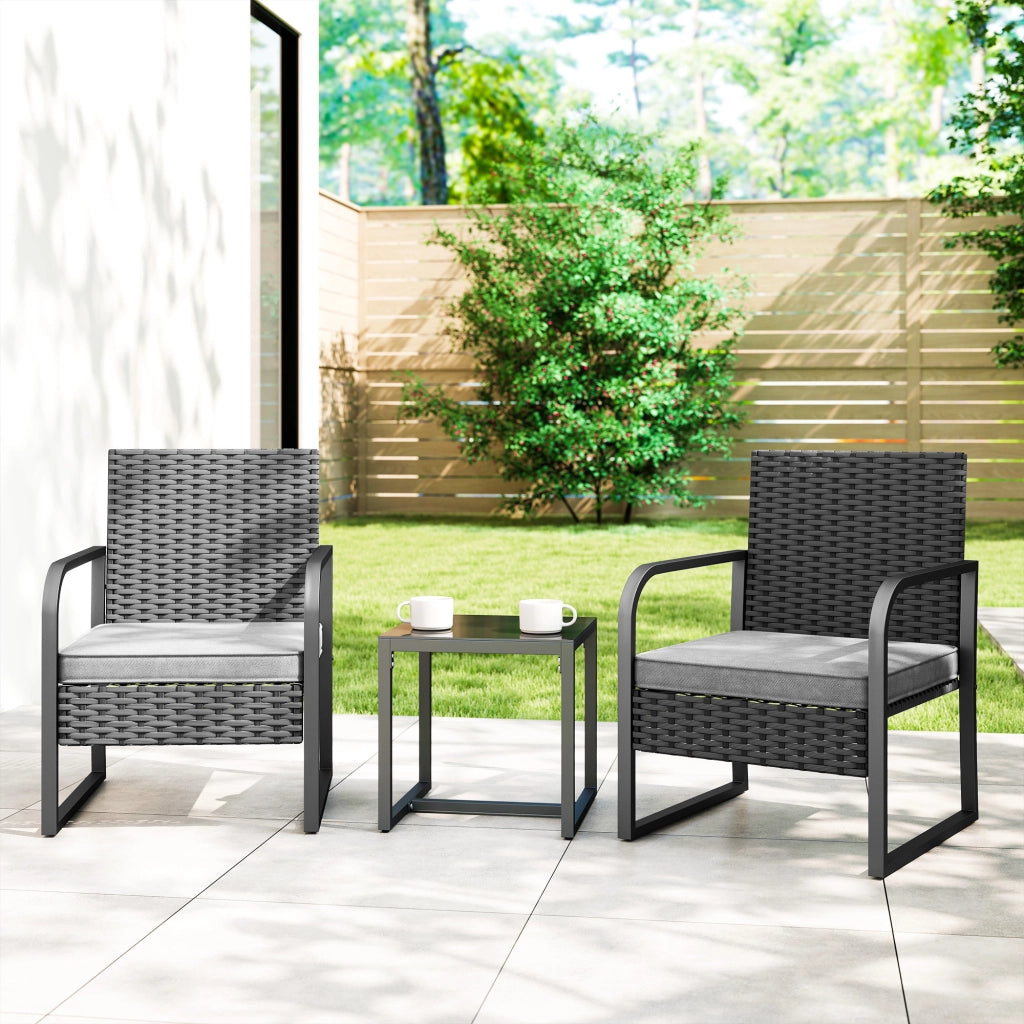 Set Giardino 2 Poltrone e Tavolino in Rattan ¨C zephmum ¨C Nero, Vetro