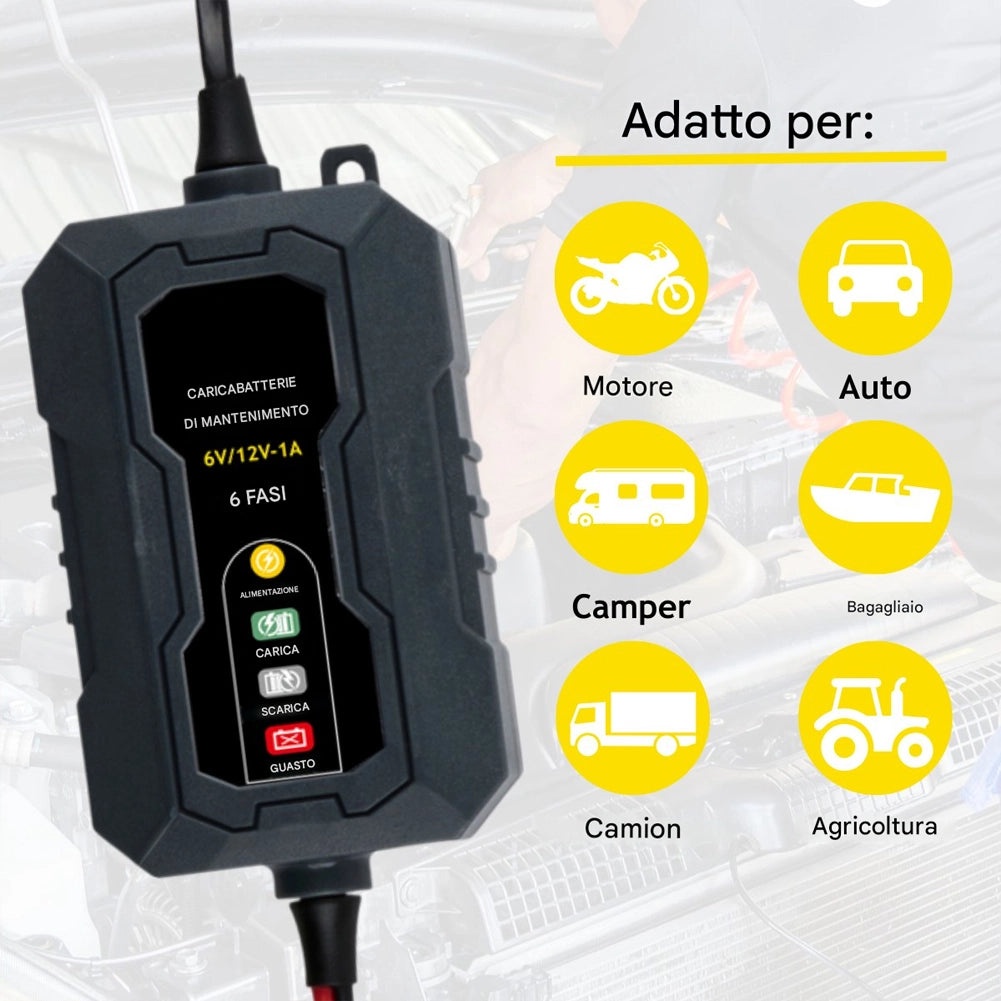 Caricabatterie di Mantenimento per Auto e Moto con Ciclo di Ricarica a 6 Fasi