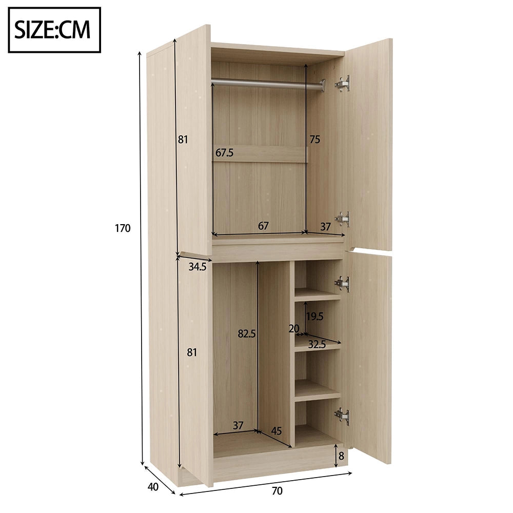 Armadio 2 ante 70x40x170 cm - Xylo - con piccolo ripiano, colore legno naturale