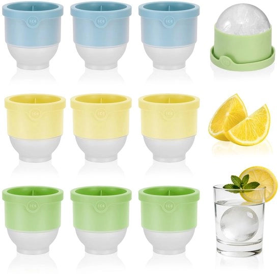 9 pezzi di forma di cubetto di ghiaccio grandi, 6 cm, forma di cubetto di ghiaccio in silicone, rotonda, forma di cubetto di ghiaccio riutilizzabile, pallina per whisky, caffè, bevande e cocktail, facile da staccare (blu, giallo, verde)