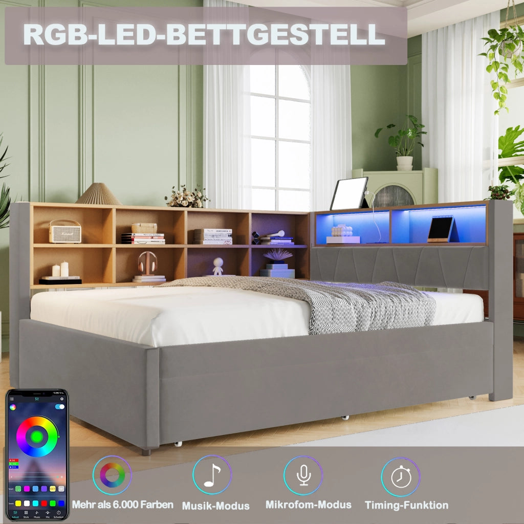 DESMIU Divano letto 140 × 200 cm 2 posti con LED, USB, Type-C e presa, senza materasso, in flanella grigio scuro
