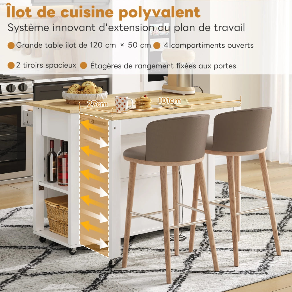 Isola da cucina estraibile 120 cm - Zephmum - Con bar e prese, 2 cassetti e 2 ante con scaffali
