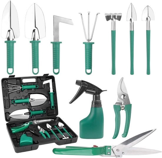 Set di attrezzi da giardino da 10 pezzi, attrezzi da giardino in acciaio inossidabile con maniglie ergonomiche, vanga e forbici per potatura, rastrello, spargisemi, accessori da giardino per donne e uomini (37 cm x 28 cm)