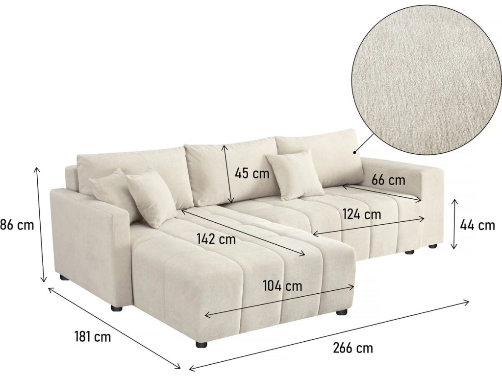 Divano letto angolare a 3 posti in tessuto di ciniglia - "Trocadero" - Beige
