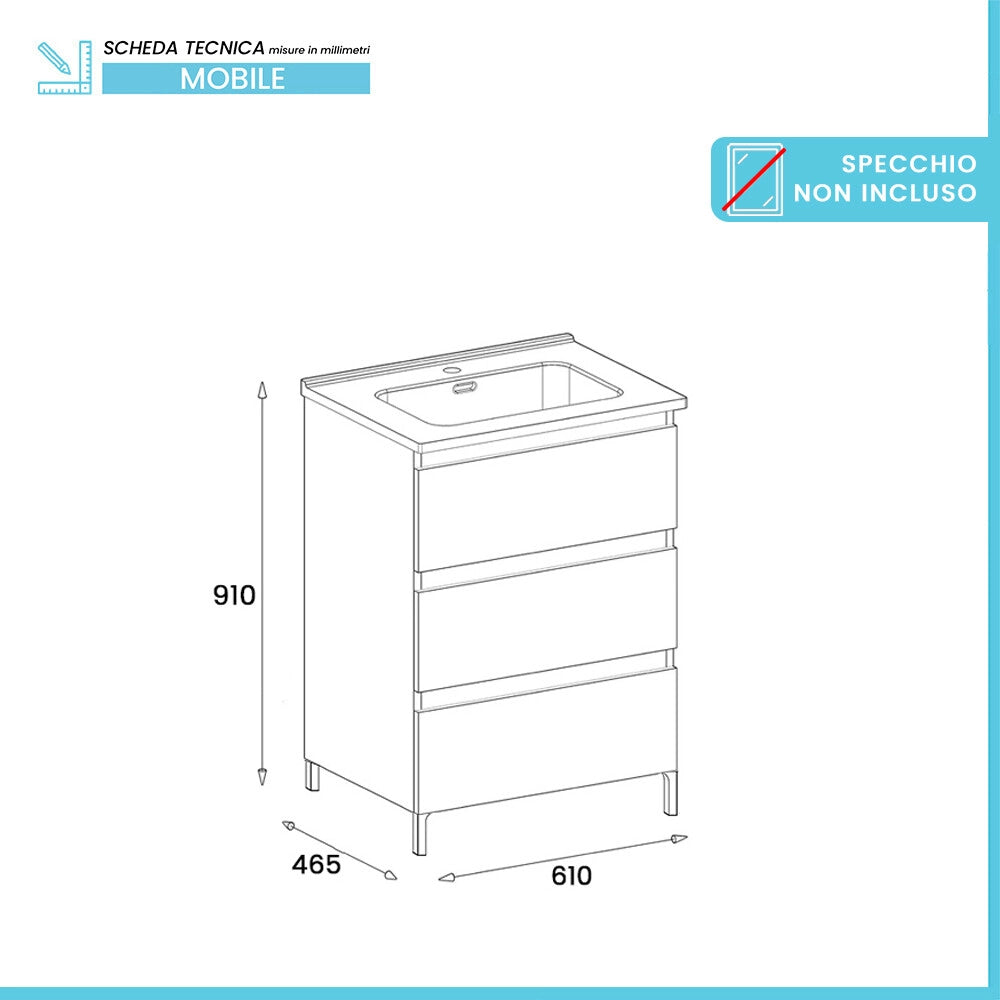 Mobile bagno a terra 60 cm in quercia bianca con lavabo Leda