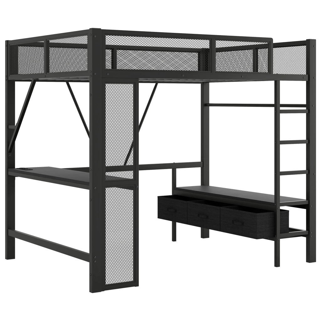 Letto a castello in metallo e MDF nero con scrivania LED USB e cassetti 140x200 cm