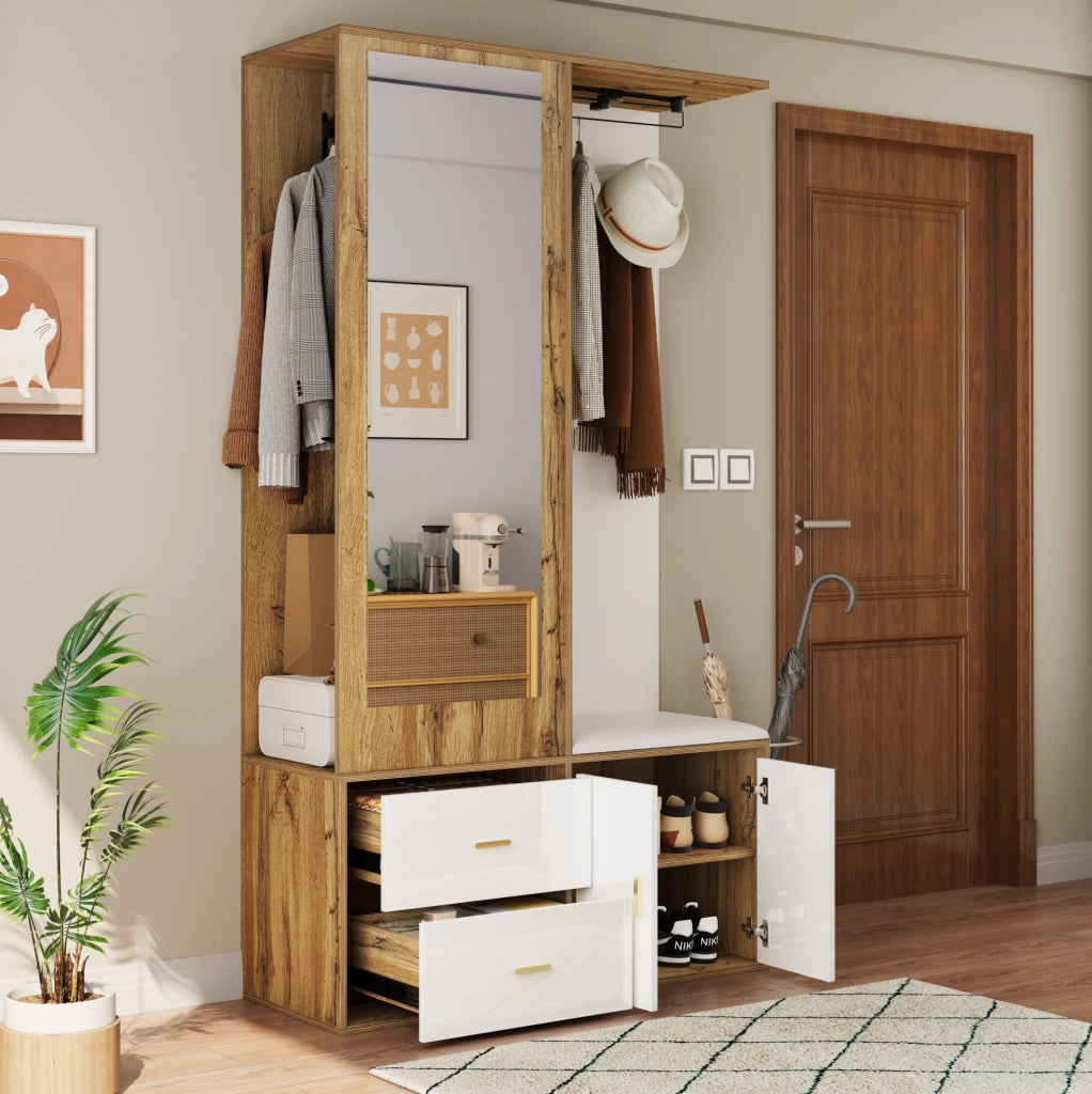 Garderoba da ingresso con specchio; panca portascarpe e appendiabiti estraibile 100x38x180 cm; bianco e naturale
