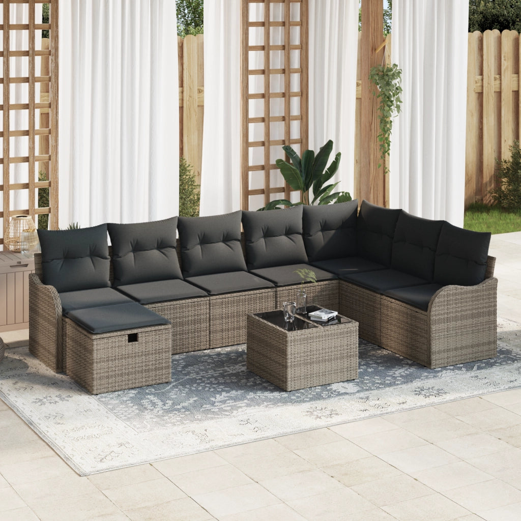 Set divani giardino  9 pezzi con cuscini in rattan sintetico grigio
