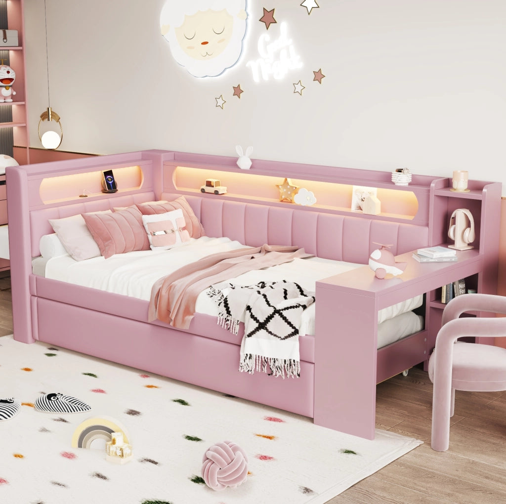 Letto singolo imbottito 90x200 cm rosa con LED, USB ed estraibile