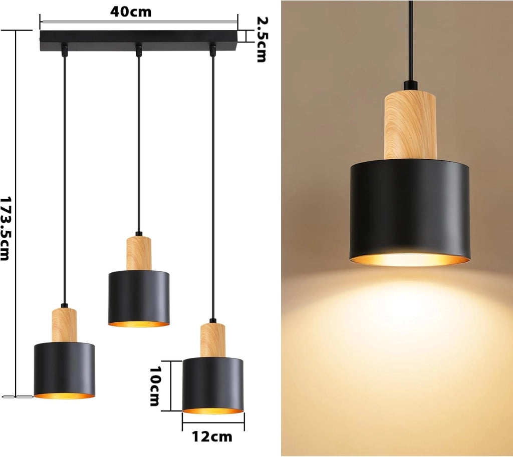 ZMH Lampada a sospensione E27 nera a 3 luci altezza regolabile stile vintage adatta per sala da pranzo o cucina