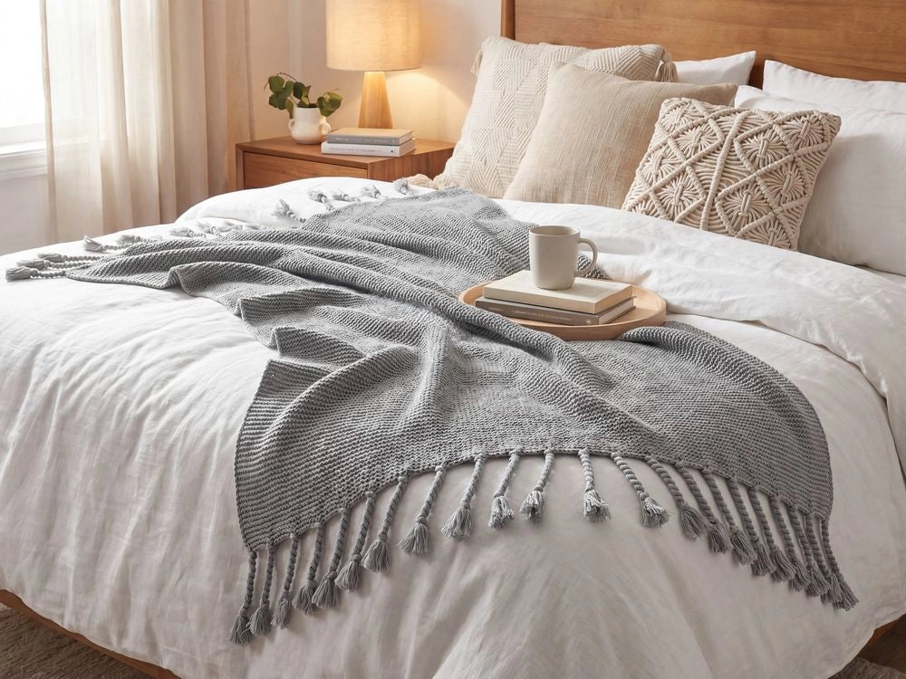 Coperta plaid in cotone grigio 125 x 150 cm Copriletto stile Boho