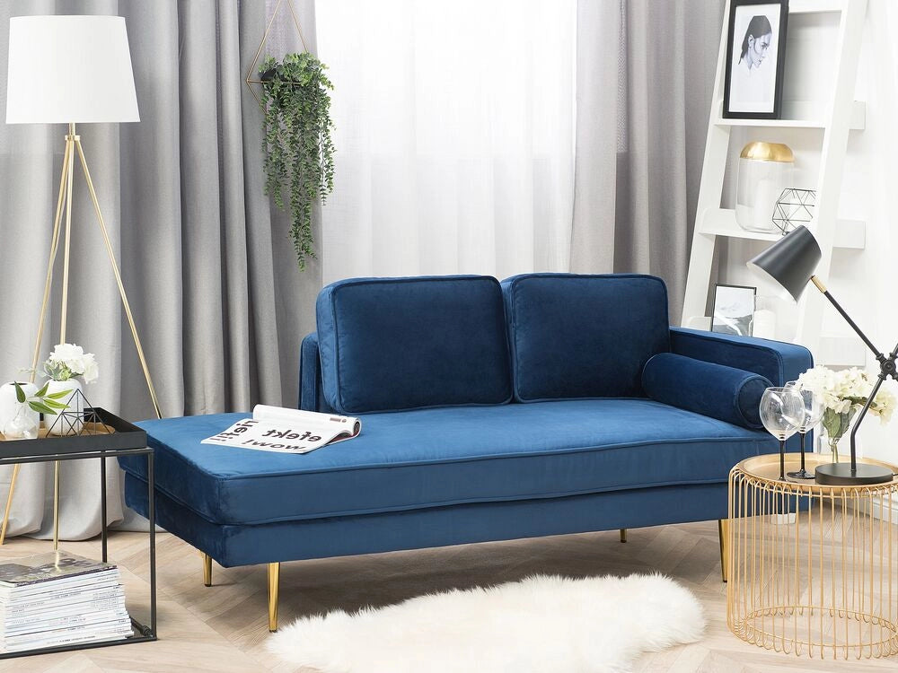 Chaise longue Blu Navy Velluto Imbottito Orientamento versione destra Gambe In Metallo Rafforzamento Cuscino Design Moderno