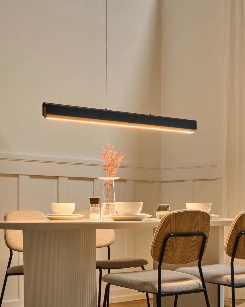 Lampada a sospensione a LED, base in ferro nero paralume in legno, stile scandinavo dimmer da soffitto lunghezza del cavo regolabile