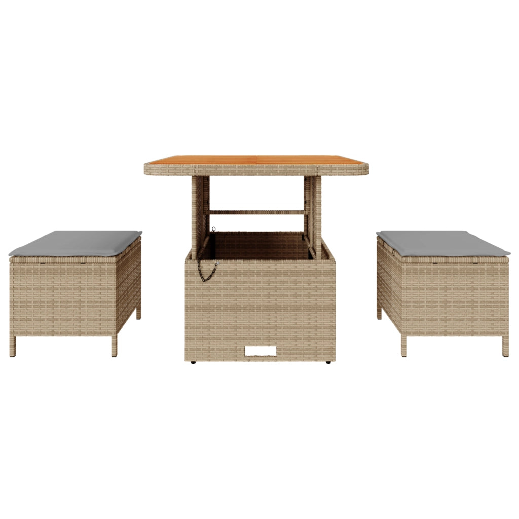 Set da pranzo giardino 3 pezzi con cuscini Beige Poly Rattan Acacia