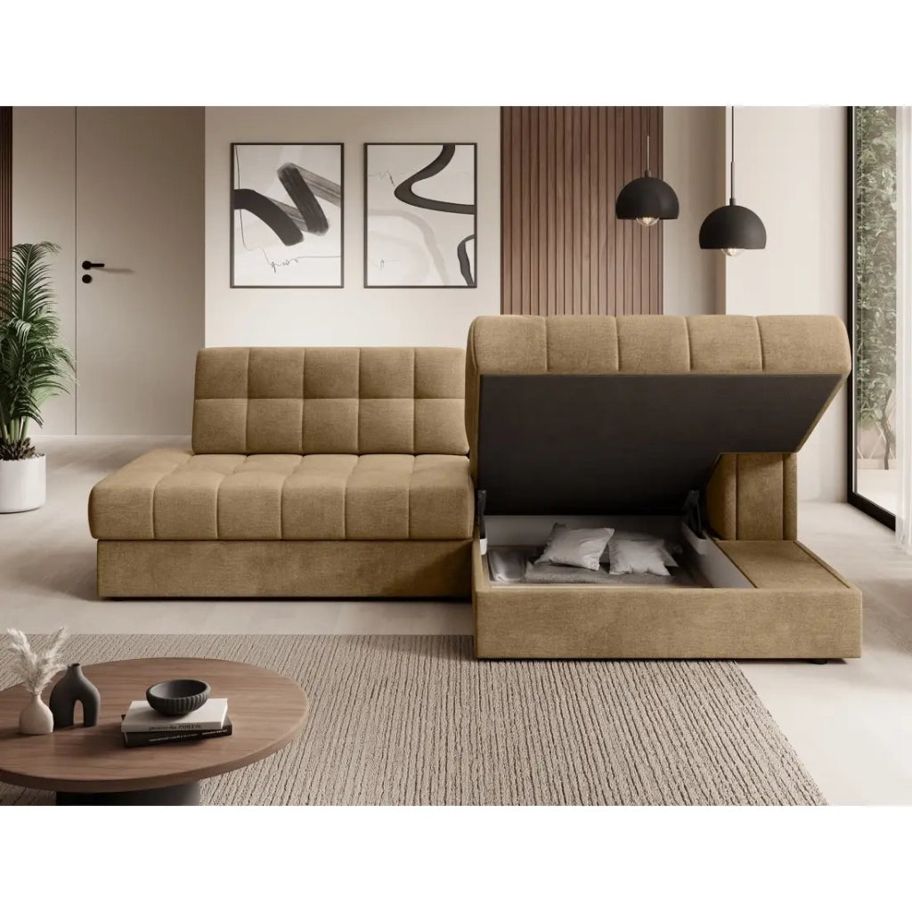 Divano angolare trasformabile CUBITO beige 240 cm con contenitore e letto