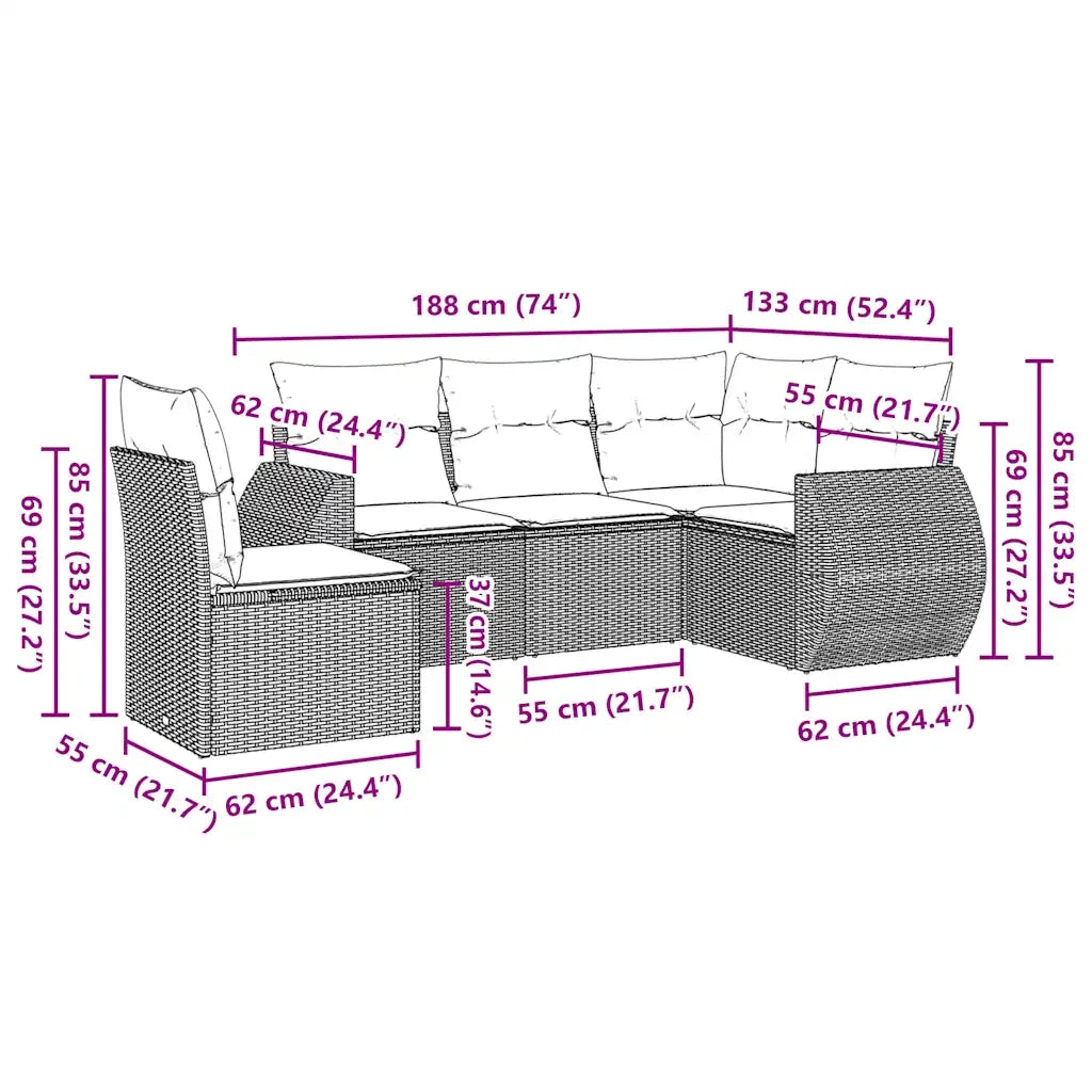 Set Divano da Giardino 5pz | Set Salotto da Giardino con Cuscini Grigio Chiaro Polyrattan
