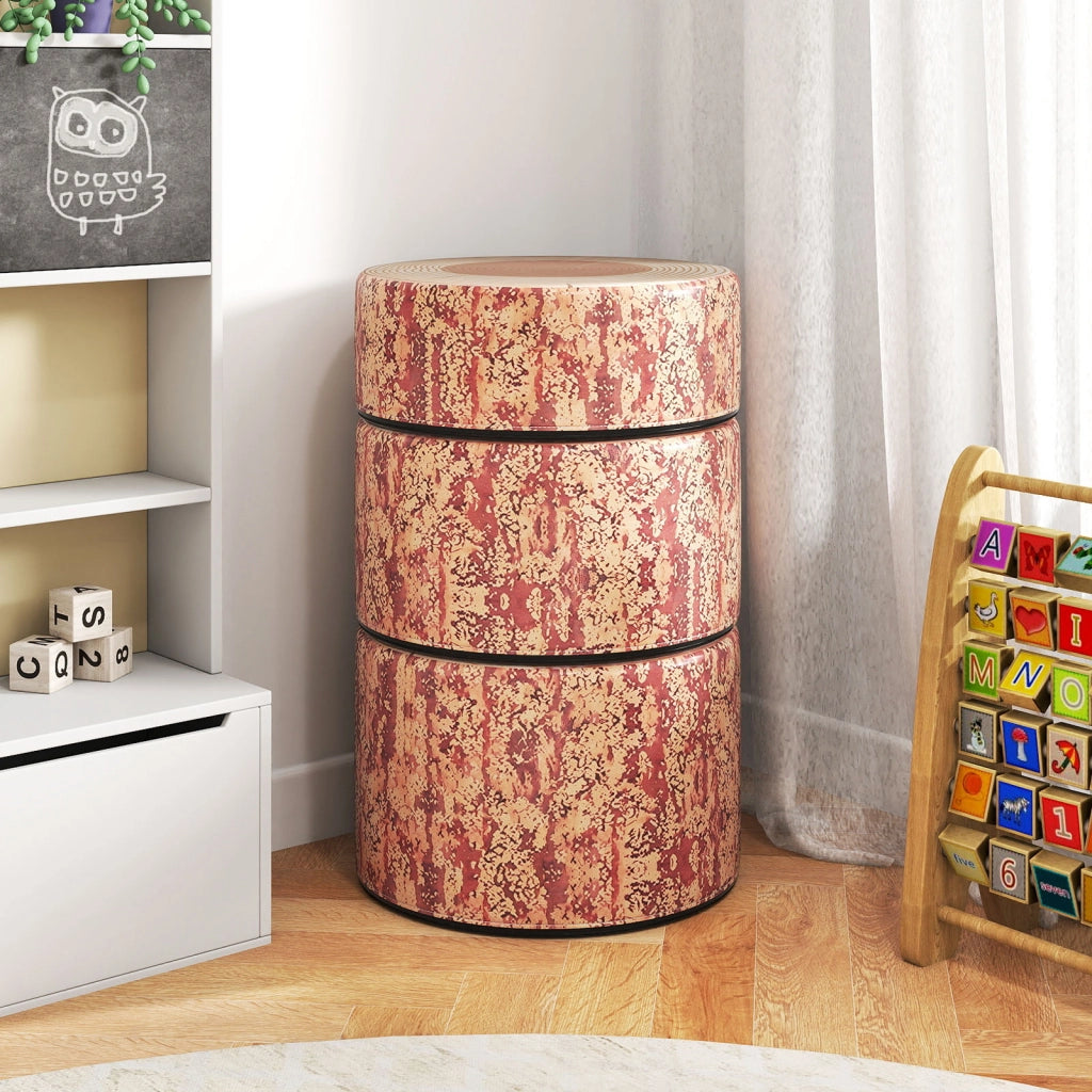 Set 3 sgabelli ceppo albero cuscini pavimento stampa legno altezze diverse, Sgabelli rotondi bambini aula casa asilo decorazione naturale tinta legno scura