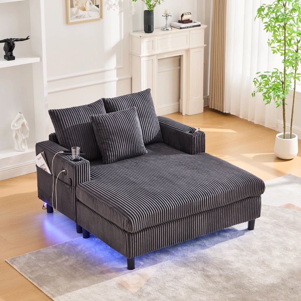 Poltrona Chaise Longue con LED; USB e Portabicchieri; Seduta Profonda in Velluto a Coste; Grigio Scuro 142 × 128 × 85 cm