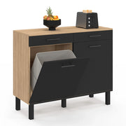 IDMarket - Credenza bassa con cestino 100 cm Piano di lavoro CINA H.83 cm 2 ante + cassetti finitura faggio e nero