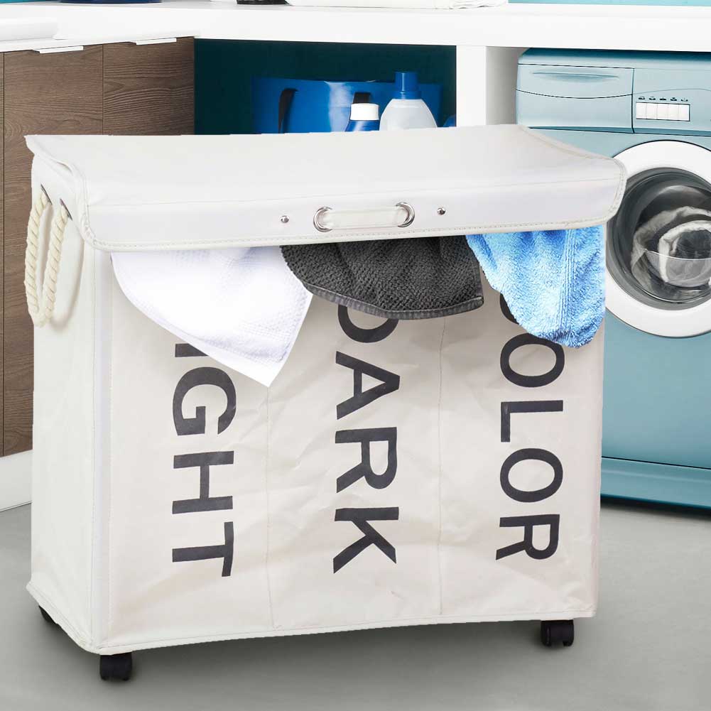 Cesto Biancheria 3 Scomparti Portabiancheria Pieghevole Tessuto con Ruote Panna