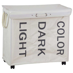 Cesto Biancheria 3 Scomparti Portabiancheria Pieghevole Tessuto con Ruote Panna