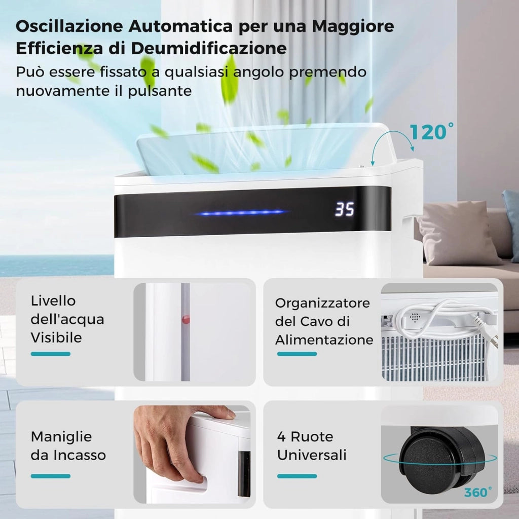 28,5L Deumidificatore per Casa, Deumidificatore Silenzioso 35㎡ con 4 Modalità Indicatore a 3 Colori Timer 24H e Ruote, Scarico Automatico o Manuale