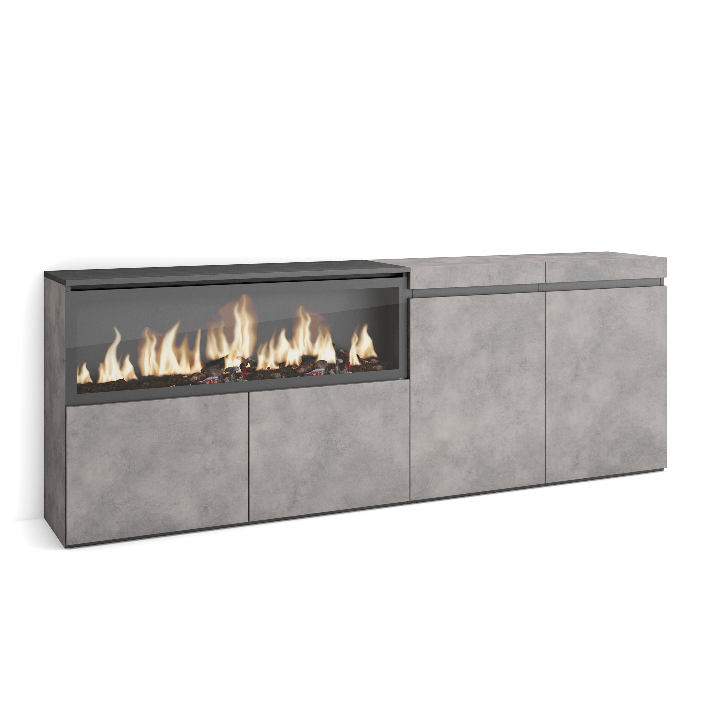 Credenza, Mobile, 208x35x75cm, 4 Porte, Camino elettrico XXL, grigio cemento RF3231