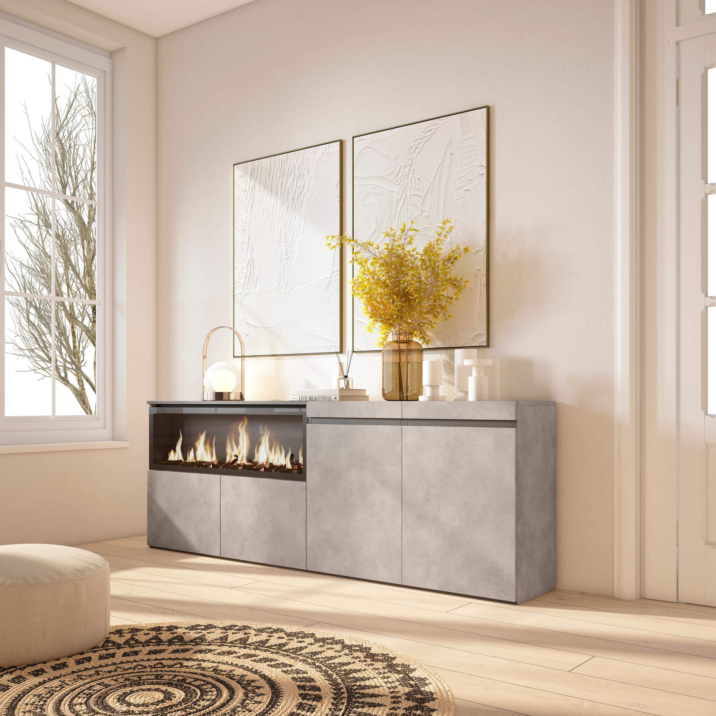 Credenza, Mobile, 208x35x75cm, 4 Porte, Camino elettrico XXL, grigio cemento RF3231