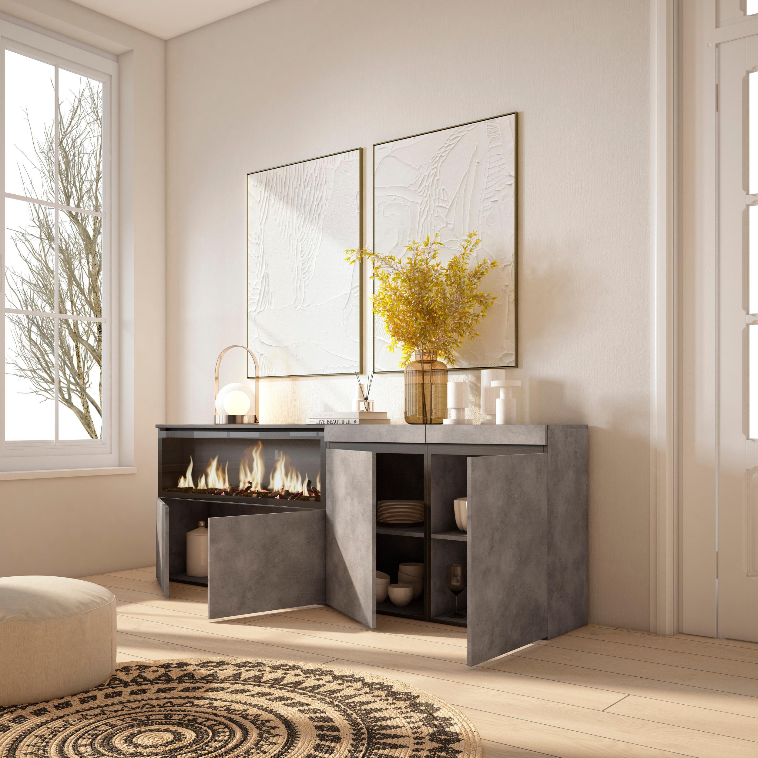 Credenza, Mobile, 208x35x75cm, 4 Porte, Camino elettrico XXL, grigio cemento RF3231