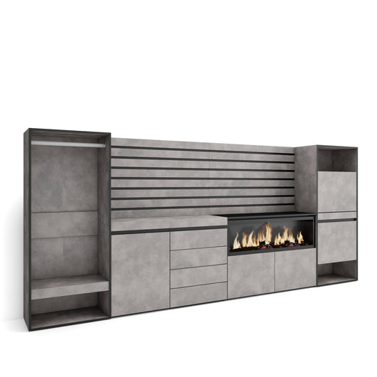 Credenza, 334x35x145cm, Camera da letto, Camino elettrico XXL, Cassettiera, Scarpiera, Armadio Aperto, grigio cemento RF3395