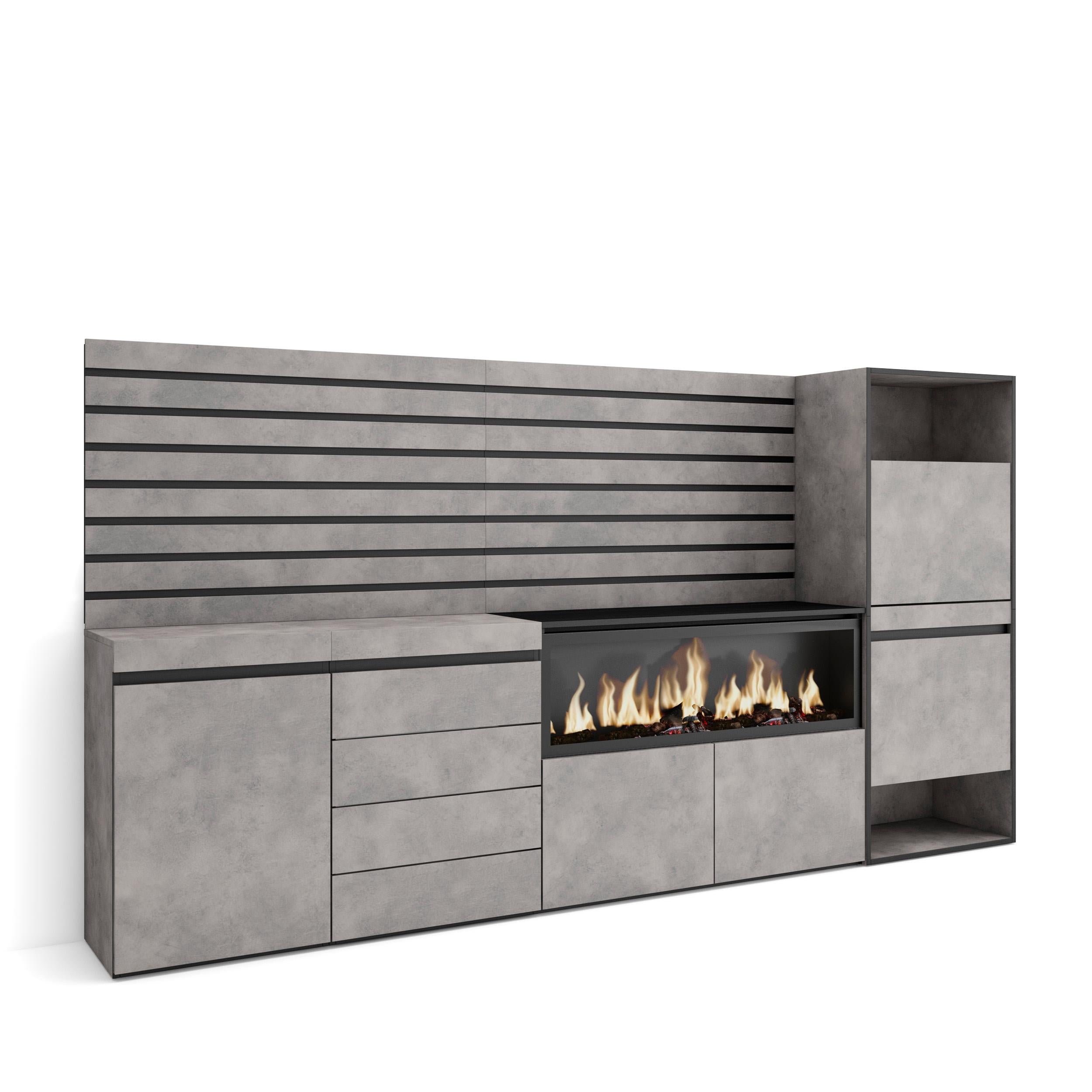 Credenza, 274x35x145cm, Camera da letto, Camino elettrico XXL, Cassettiera, Scarpiera, grigio cemento RF3394
