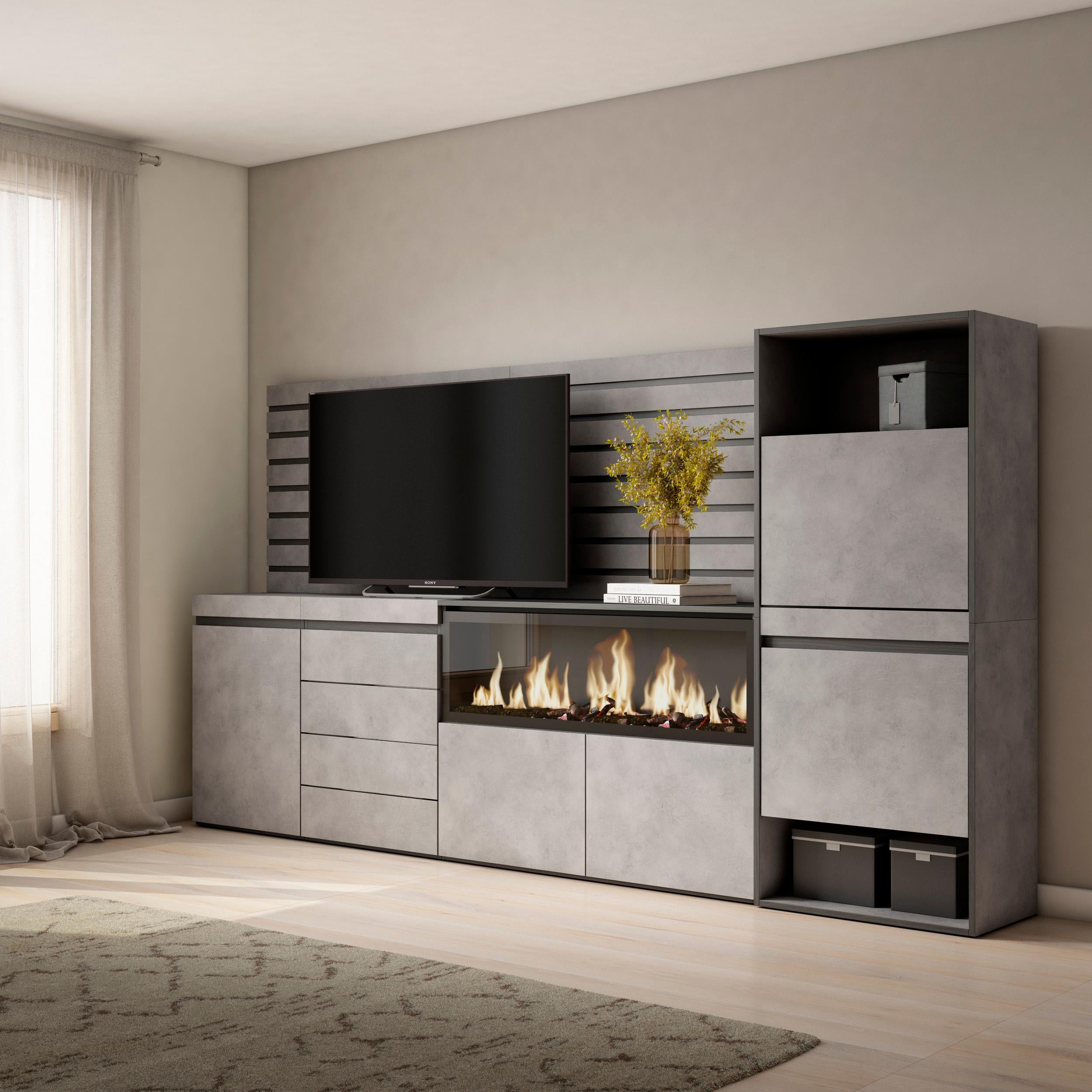 Credenza, 274x35x145cm, Camera da letto, Camino elettrico XXL, Cassettiera, Scarpiera, grigio cemento RF3394