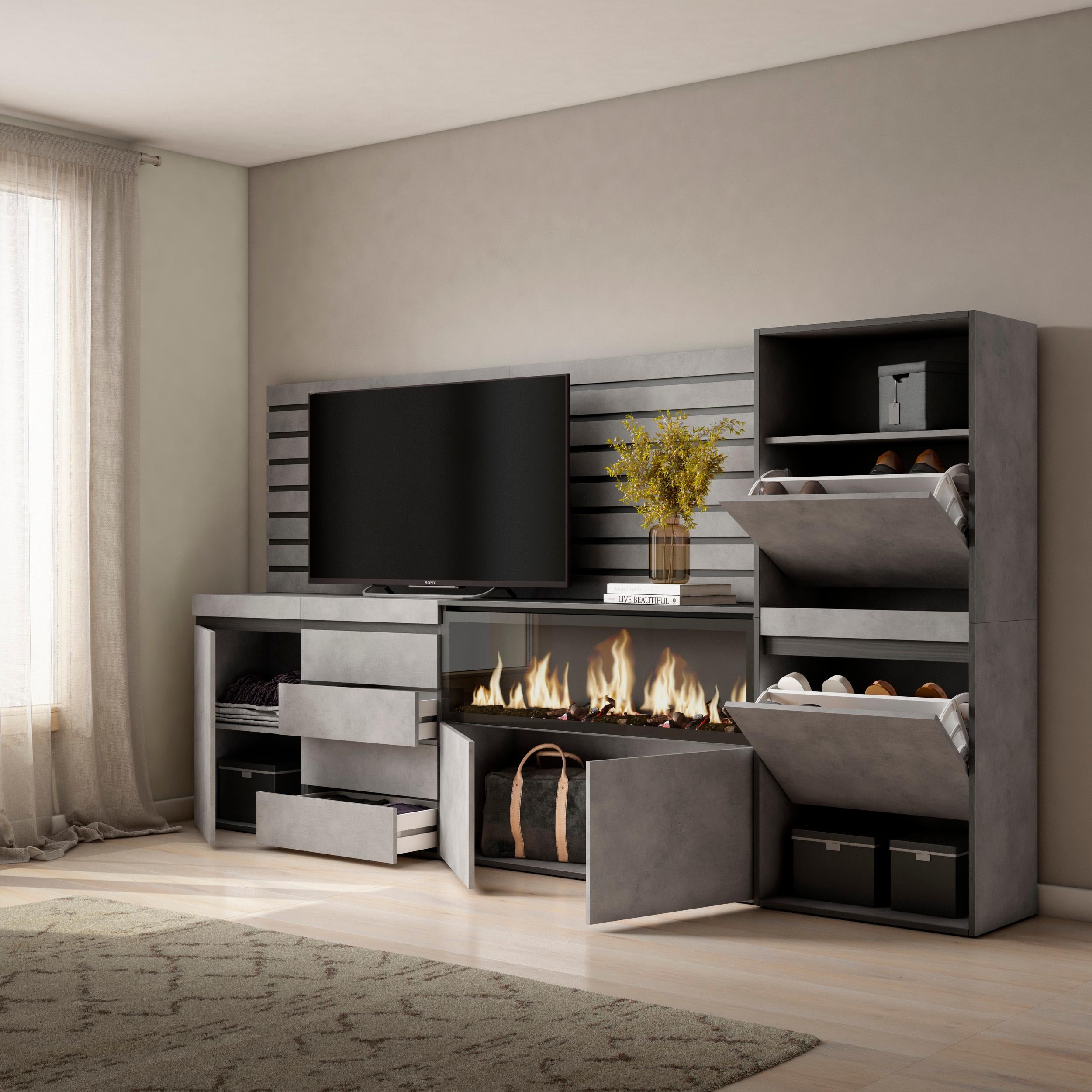 Credenza, 274x35x145cm, Camera da letto, Camino elettrico XXL, Cassettiera, Scarpiera, grigio cemento RF3394