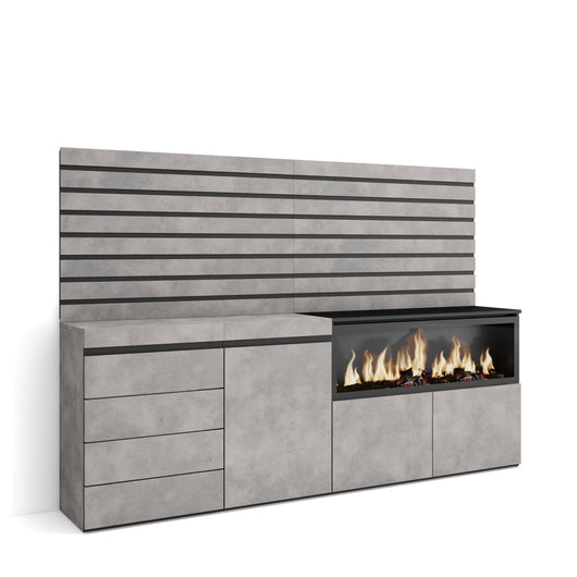 Credenza, 214x35x145cm, Camera da letto, Camino elettrico XXL, Cassettiera, grigio cemento RF3416