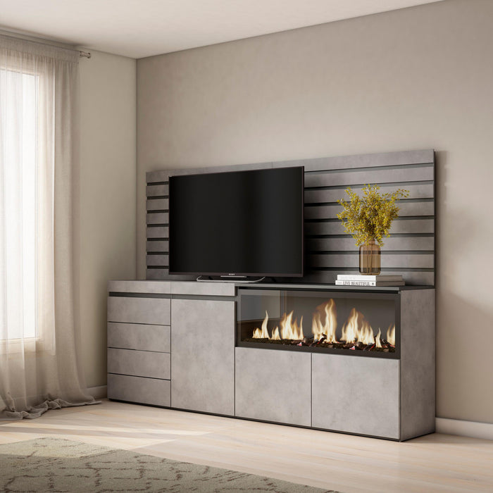 Credenza, 214x35x145cm, Camera da letto, Camino elettrico XXL, Cassettiera, grigio cemento RF3416