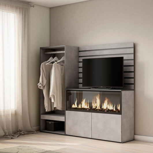 Credenza, 167x35x145cm, Camera da letto, Camino elettrico XXL, Armadio Aperto, grigio cemento RF3390