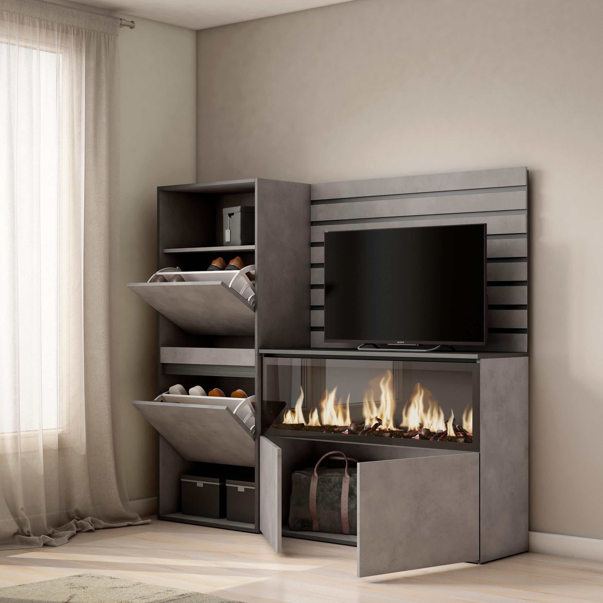 Credenza, 167x35x145cm, Camera da letto, Camino elettrico XXL, Scarpiera, grigio cemento RF3391